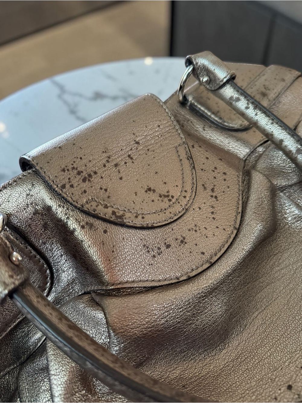 Salvatore Ferragamo Gancini Metallic Pewter Leather Satchel w/COA AS IS Project - Picture 8 of 8